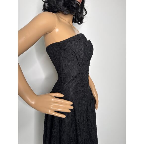 Vintage 80's Positively Ellyn Black Lace Strapless Beaded Smocked Dress small - Picture 5 of 17